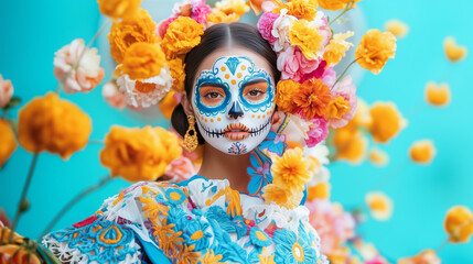 Obraz premium A young woman with a sugar skull makeup, surrounded by colorful flowers. Makeup for Mexican Day of the Dead