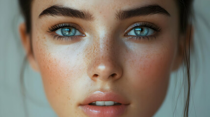 Fototapeta premium Close Up of a Woman's Face with Blue Eyes and Freckles - Realistic Illustration