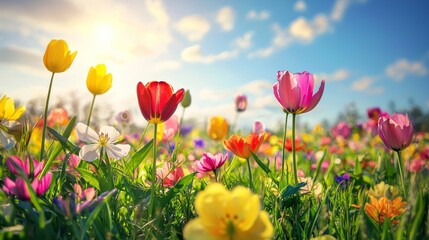 Obraz premium Vibrant Spring Flowers Blooming in a Colorful Meadow Landscape Generative AI