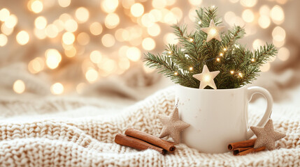 Fototapeta premium Christmas composition 2025. White Coffee cup with a Christmas tree inside on a Christmas background. Holiday concept