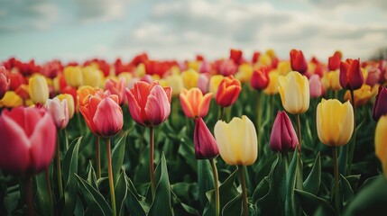 Vibrant Tulips Stretching to the Horizon for Spring or Summer Landscape Generative AI