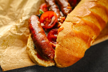 sausage hot dog, bun, greens, sauce fast food delicious food dish Fresh delicious gourmet food background on the table rustic food top view copy space