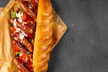 sausage hot dog, bun, greens, sauce fast food delicious food dish Fresh delicious gourmet food...