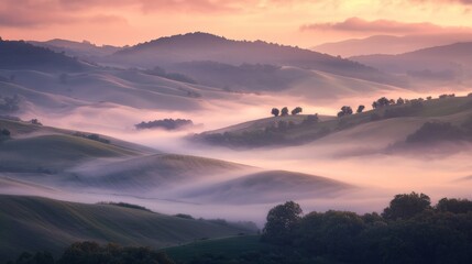 Fototapeta premium Misty Fog Rolling Over Hills at Dawn, Creating an Ethereal Atmosphere for Nature and Landscape Photography Generative AI