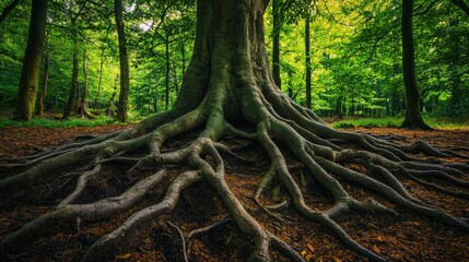 Ancient Tree Roots in a Forest, Natural Wood Texture for Backgrounds Generative AI