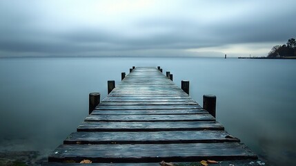 Obraz premium A wooden dock amidst a water body, shrouded by cloudy skies and distant lighthouse