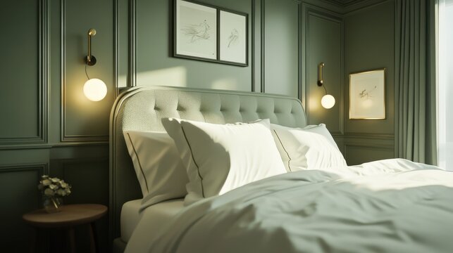 Neatly made bed with white bedding in a room with green walls, wall-mounted lamps, framed artwork, and a small wooden side table with a vase of flowers