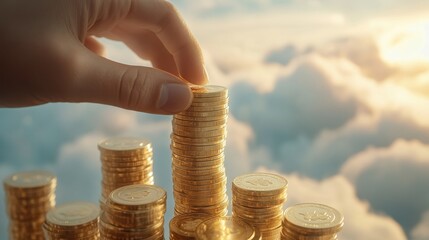 Hand stacking coins against a backdrop of the sky and clouds, symbolizing financial growth or savings