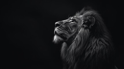 Fototapeta premium Black and white lion with a black background. King of the jungle.