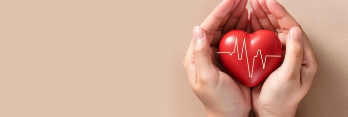 Caring hands with a red heart and pulse line, focusing on health and life.