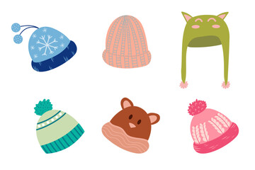 Winter hat set. Collection of knitted clothes, cap, wear for cold weather. Vector isolated on white background