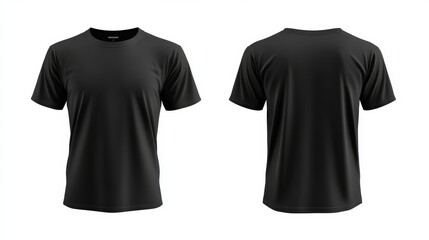 Black t-shirts front and back view. T-shirts design template isolated on white background.