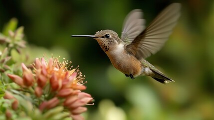 Hummingbird Hovering Near a Flower in Mid Air Generative AI