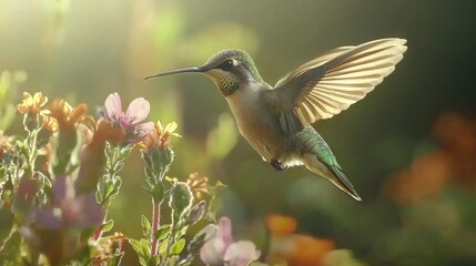 Obraz premium Hummingbird Hovering Near a Flower in Mid Air Generative AI