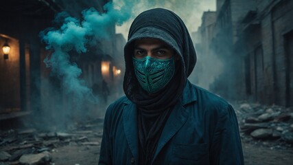Middle-aged middle eastern man wearing black hooded jacket and green face mask, standing in foggy urban environment with buildings in background