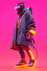 A futuristic,  cyberpunk-inspired figure wearing a long coat and glowing shoes.
