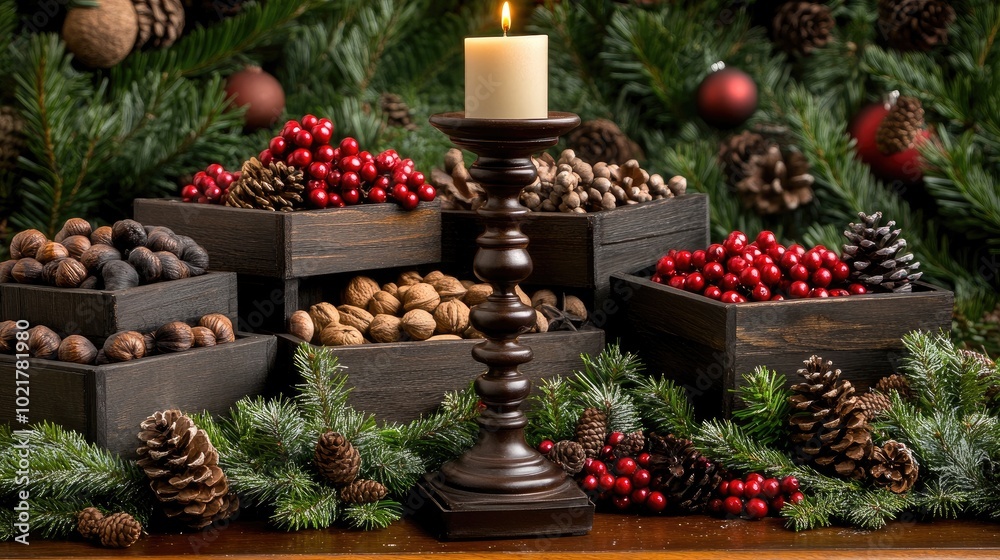 Sticker A vintage candlestick glows warmly on an old wooden table, surrounded by pine branches and red berries, evoking a cozy Christmas atmosphere with natural elements