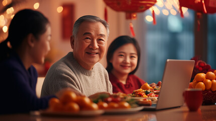 The dining room is alive with Lunar New Year decorations like red paper cuts, lanterns, and a centerpiece of oranges for good fortune. The family includes grandparents, parents, an