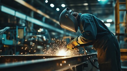 Industrial welder in full protective gear skillfully working on intricate metal structures, with bright sparks flying around.