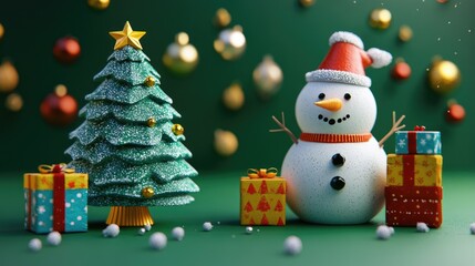 Obraz premium Festive Christmas Scene with Snowman and Mini Tree