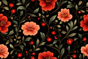 Seamless elegant red floral pattern with embroidery texture on black background