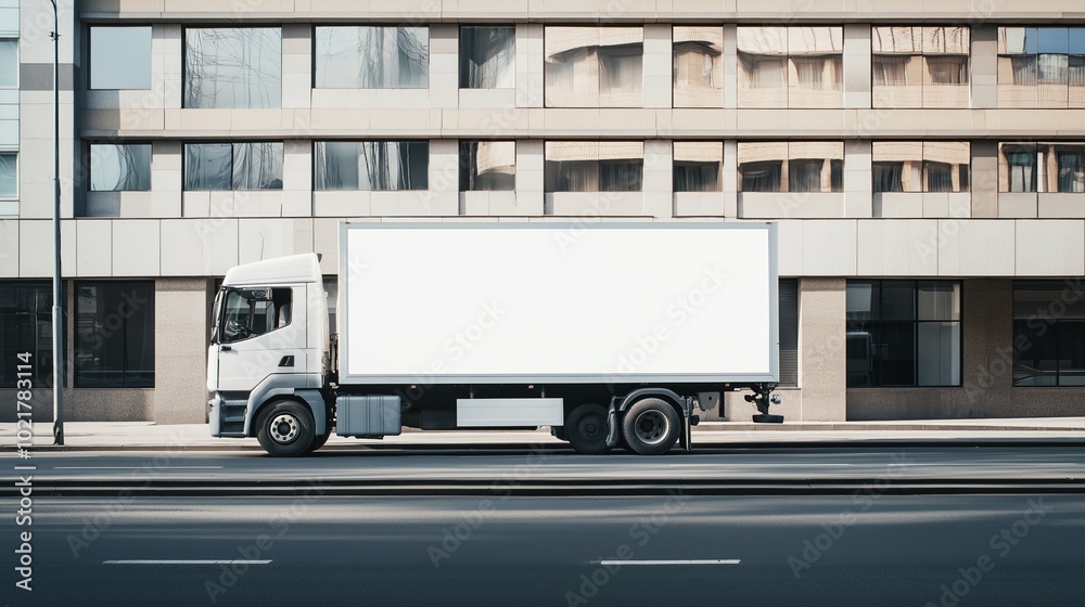 Wall mural white modern cargo truck with blank space on the side for text or logo mockup driving in the city wi