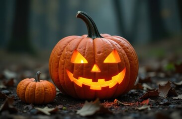 Close up view of scary Halloween pumpkin with eyes glowing inside at blurred forest background