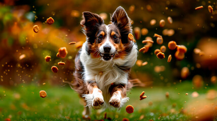 A Border Collie dashes excitedly across a vibrant field, joyfully leaping while chasing after scattered treats on the grassy ground under a warm sun