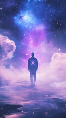 Fototapeta premium Silhouette of a Man in the Sky with Nebula in the Background
