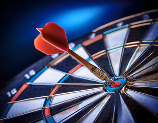 A close-up of a stylized dartboard with an arrow in the bullseye, symbolizing achieving business goals and winning strategies