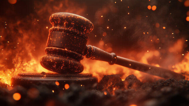 A close-up of a gavel, with smoke and fire on top of it