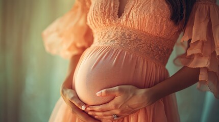  High-resolution close-up of a pregnant woman in a peach dress holding her belly, isolated on a pastel background with ample copy space for promotional use