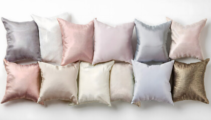 A collection of decorative pillows in soft pastel colors, arranged in a stylish composition on a white background