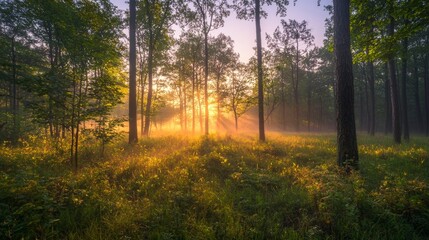 Obraz premium Misty Forest Floor at Dawn, Nature Landscape for Travel and Environment Concepts Generative AI