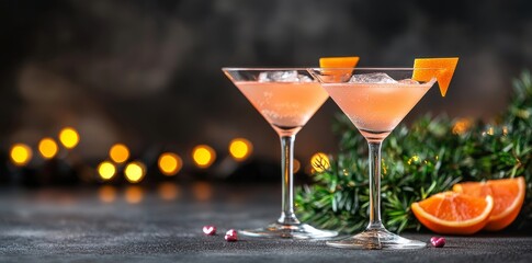 The combination of two martini glasses in front of a red bokeh background. A luxury cocktail drink in a restaurant bar with blurred night lights. A classy celebration party for new year, Christmas,
