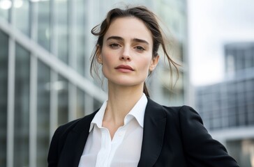 A professional woman stands confidently outside in a bustling urban environment, showcasing her elegance and poise