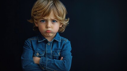 Thoughtful portrait of a little boy with arms crossed, looking angry and sad in a denim shirt against a dark background, capturing childhood emotions and character development