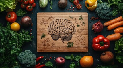 Top view of a wooden board with a human brain pattern surrounded by fresh vegetables on a dark background, highlighting the concept of healthy eating and mental health care