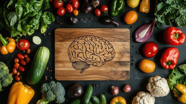 Top view of a wooden board with a human brain pattern surrounded by fresh vegetables on a dark background, highlighting the concept of healthy eating and mental health care