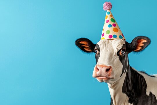 On a bright, colorful background, a funny cow wears a birthday hat in studio.