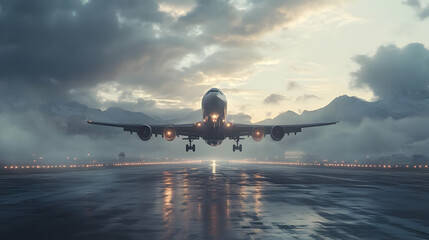 Airplane Taking Off from Runway with Mountain Background - 3D Illustration