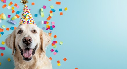 The golden retriever dog is celebrating his birthday at a birthday party