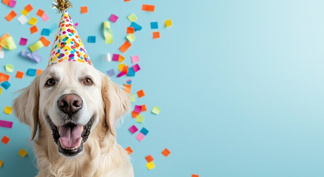 The golden retriever dog is celebrating his birthday at a birthday party