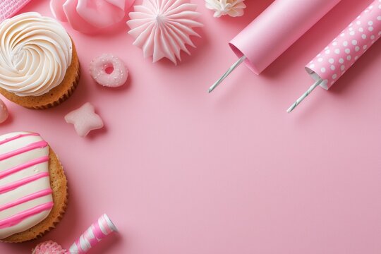 A pink background with party supplies for girls. Ideal for birthdays, bachelorette parties, and baby showers.