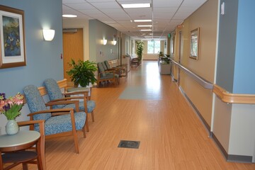 The interior of the nursing home exhibits a neat and well-lit corridor