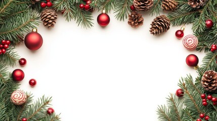 Christmas frame with pine branches, red ornaments, pine cones, and berries on a white background.