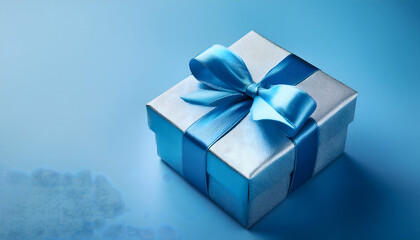 Small Gift Box with Silver Ribbon on Blue