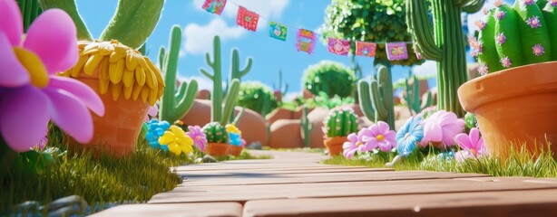 Obraz premium A string of handmade cut paper flags on a blurry background with a wooden stage. Mexican party decoration. Day of the Dead, Halloween, Cinco de Mayo. Template with room for text, design, or product.