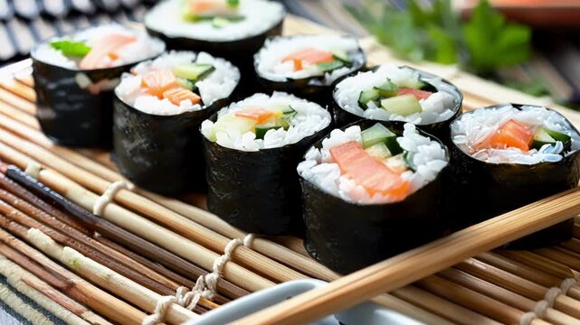 Fresh makis with salmon, cucumber and white rice prepared on a bamboo mat. They are ready to be tasted with a pair of wooden chopsticks