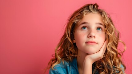 Naklejka premium Portrait of a thoughtful young girl with wavy hair against pink background